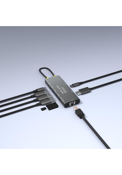 Tr Sw-u709 9 İn 1 Gri Metal 4k 60hz Hdmı 100w Pd, Rj45 Gigabit, 3xusb 3.2, Sd/tf Type C Hub Adaptör