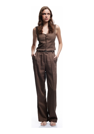 Koton Astarlı Düğmeli Askılı Keten Crop Bluz Kahverengi 5sak30104pw Kahve