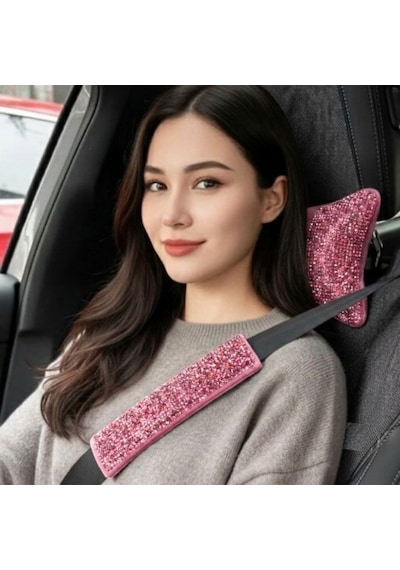 Işıltılı Pırlanta Taşlı Ergonomik Boyun Yastığı Ve Konforlu Emniyet Kemer Süngeri Seti Üniversal Pembe