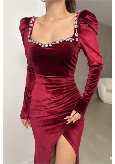 Lior Design Kadın Trend Tasarım Kare Yaka Taş Detaylı Uzun Kollu Abiye Elbise Bordo