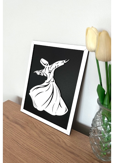 Modern Beyaz Çerçeveli Ahşap Semazen Mevlana Tablosu 25x20 Cm