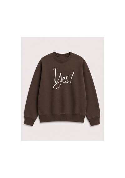 Herkesemoda Yes Yazılı Baskı Detaylı Şardonlu 2 İplik Bisiklet Yaka Sweatshirt Kahverengi