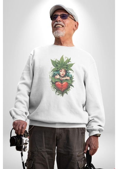 Kalp Parmak Kız Yeşillik Mutluluk Unisex Beyaz Baskılı Sweatshirt Beyaz