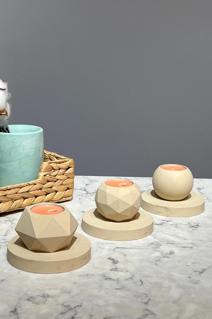 6 Parça Mumluk Seti Beton Tepsili 3'lü Tealight Mumluk Takımı Kahverengi