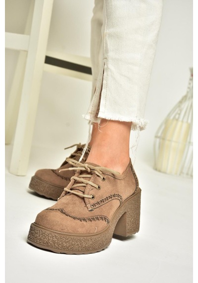 Fox Shoes T996157002 Vizon Süet Kalın Topuklu Kadın Ayakkabı vizon