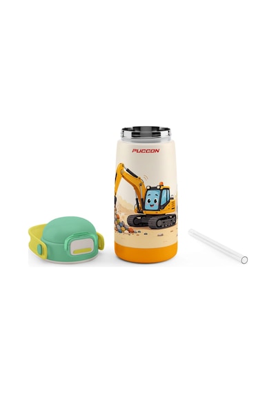 Puccon Erkek Çocuk Yeşil Sarı İş Makinesi Desenli 420 Ml Pipetli Çelik Matara Termos Sızdırma Yapmaz 60040 Çok Renkli