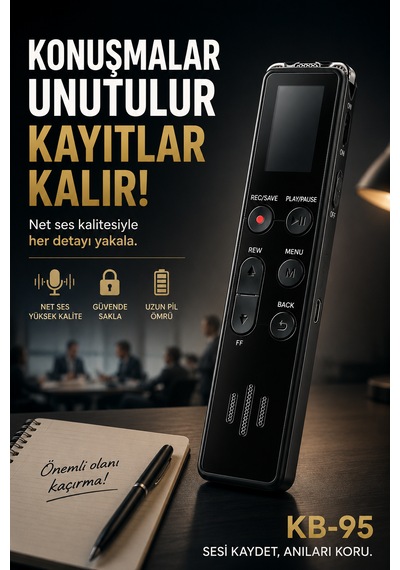 Kb-95 64 Gb Profesyonel Dijital Ses Kayıt Cihazı Ekranlı, Gürültü Azaltma, Ses Sensörlü Vor, Mp3 Çalar, Şifre Koruma