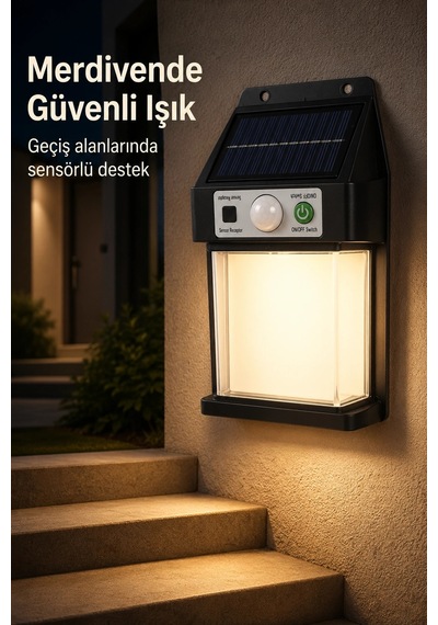 Güneş Enerjili Sensörlü Solar Aplik Dış Mekan Kapı Bahçe Balkon Garaj Duvar Işığı Çok Renkli