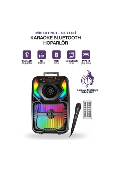 Double 8 Rgb Karaoke Hoparlör Bluetooth Usb Tf Fm Kumandalı Mikrofonlu