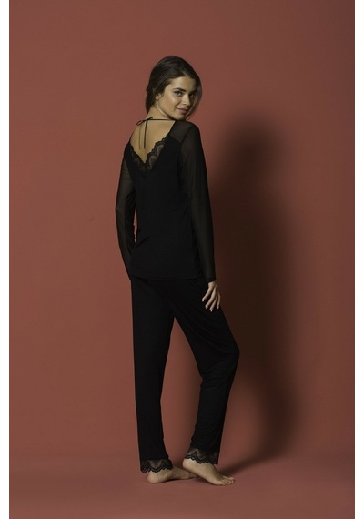 Monamise 18154 Kadın Uzun Kollu Pijama Takım-siyah Siyah