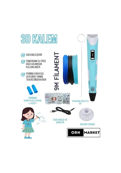 Mavi  3D Kalem 3D Pen Yazıcı Kalem – 3 Adet 3 Metrelik PLA Filament (Toplam 9M) + USB Kablo