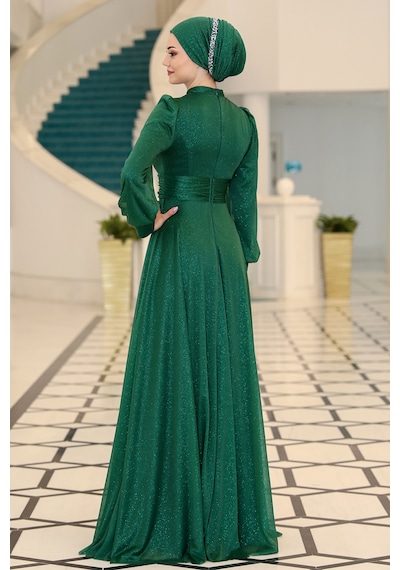 Raika Moda Şık Tasarım Tül Kübra Abiye Zümrüt
