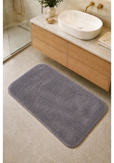 Kaymaz Jel Tabanlı Yıkanabilir Peluş Yumuşak Dokulu Dekoratif Tekli Banyo Paspası 60x100 Cm Koyu Gri