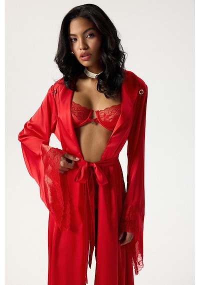 Eclatant Kırmızı Dantelli Uzun Saten Sabahlık / Kimono Kırmızı