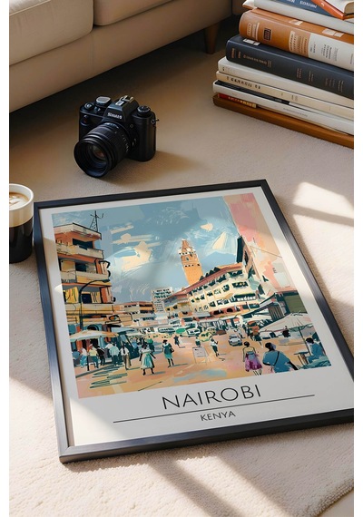 Kenya Nairobi Temalı Çerçeveli Tablo Travel Serisi Modern İllüstrasyon Şehir Duvar Dekoru Siyah