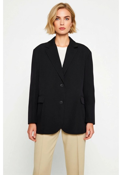 Benerly Kadın Ceket Yaka Uzun Kol Oversize Kalıp Dokuma Blazer Fonksiyone Siyah