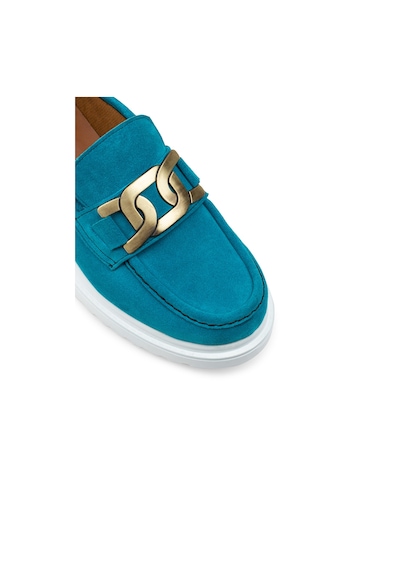 Deery Hakiki Süet Turkuaz Rengi Tokalı Loafer Kadın Ayakkabı - 01902ztrkp01 Turkuaz