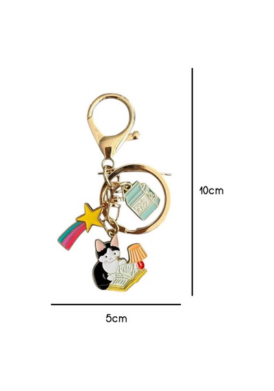 Gökkuşağı Kitapsever Kedi Metal Charm Anahtarlık Çok Renkli Çok Renkli