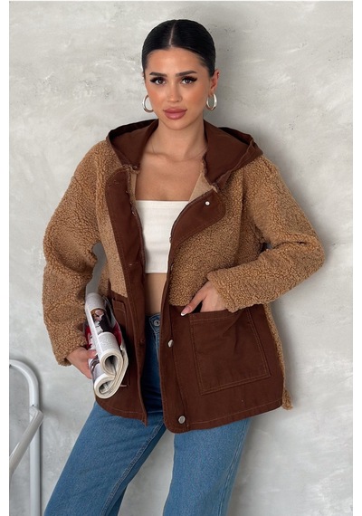 Femelle Kadın Kahverengi Çıtçıt Düğmeli Kapüşonlu Gabardin Peluş Ceket Koyu Kahverengi Femelle Kadın Kahverengi Çıtçıt Düğmeli Kapüşonlu Gabardin Peluş Ceket Koyu Kahverengi