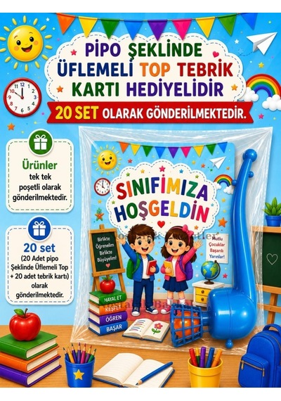 20 Adet Okula Yeni Başlayan Öğrencilere Hediye Seti Sene Başı Hatırası Pipo Şeklinde Üflemeli Top Tebrik Kartı Hediyeli