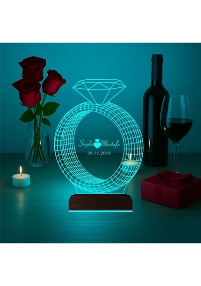 Luvivia Sevgiliye Hediye Tek Taş Yüzük Kişiye Özel 3d Lamba - Masa Gece Lambası