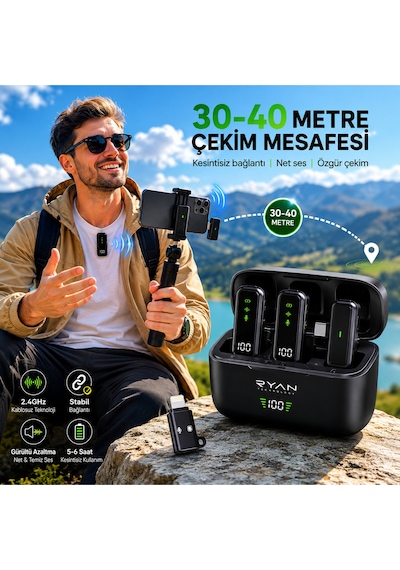 Kablosuz Yaka Mikrofonu 2'li Type-c & Lightning Uyumlu Şarj Kutulu Gürültü Azaltmalı İphone & Android Airmic Pro Ry-wm02