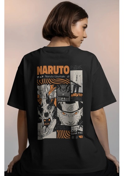 Naruto Uzumaki Anime Baskılı Unisex Oversize Premium Tişört Siyah