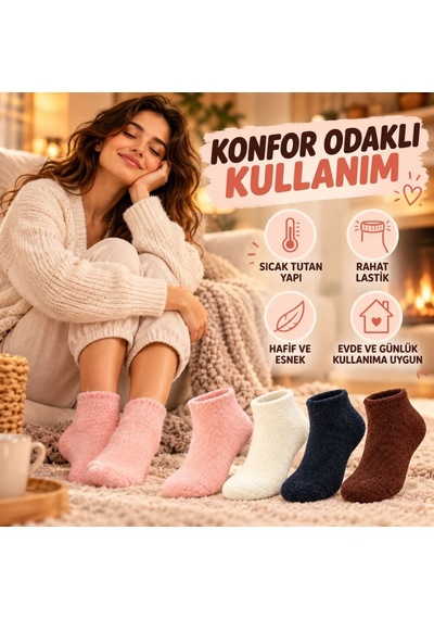 Womanandkids Wak Kadın Yumoş Patik Çorap 4'lü Set Peluş Sıcak Tutan Kışlık Ev Çorabı Yumuşak Rahat 4 Renk Hediye Seti Çok  Renkli