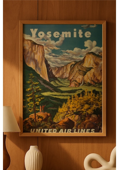 Yosemite Doğal Ahşap Çerçeveli Poster, Dekoratif Seyahat Duvar Tablosu