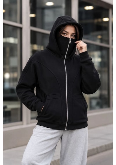 Velmora Fashion Kadın Maskeli Ninja Model Çift Kapüşonlu 3 İplik Şardonlu Fermuarlı Oversize Sweatshirt - Siyah