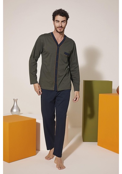 Kly 9217 Erkek V Yaka Boydan Düğmeli Pijama Takım 001