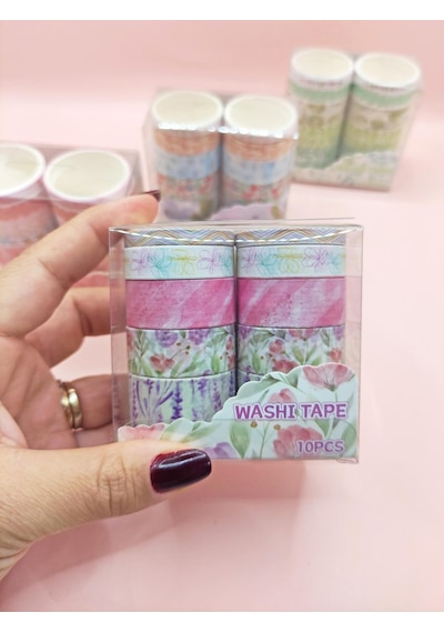 Vintage Washi Tape Bant Baskılı Yapışkanlı Maskeleme Kağıdı 45d Desenli Bant 10'lu - Pembe Çiçek Gül 1