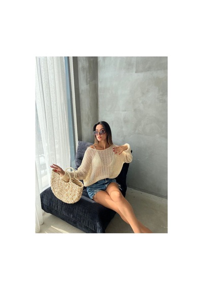 De Pose Ajurlu Sonbaharlik Triko Oversize Bluz Kazak Ekru