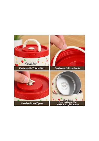 Valkyrie 4 Katlı Kirazlı Yemek Termosu 2040 Ml 304 Paslanmaz Çelik Lunch Box Isı Yalıtımlı Çantalı Kırmızı