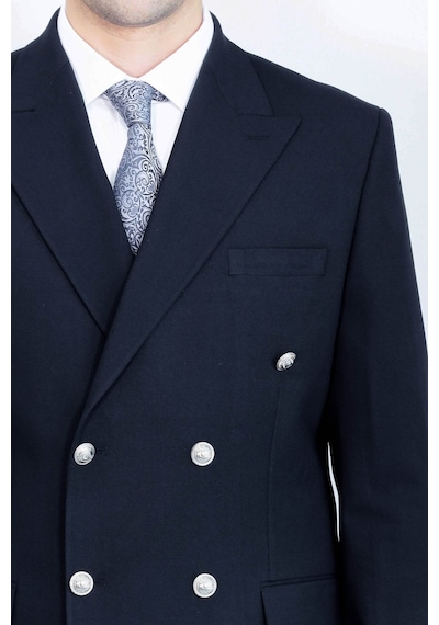 Gümüş Renk Metal Düğmeli Slim Fit Kruvaze Lacivert Erkek Takım Elbise Wessi Lacivert
