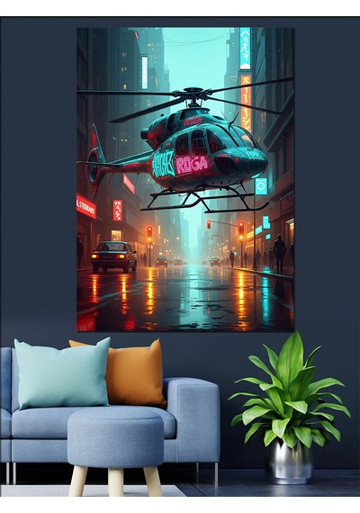 Ahşap Tablo Gece Şehri Ve Helikopter Figürü