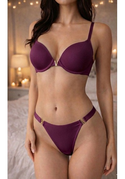 Jupiel Mor Violet V Detaylı Balenli Destekli Push Up Sütyen Takımı