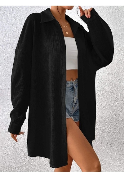 Kadın Oversize Uzun Gömlek - Siyah Düz Uzun Gömlek Siyah