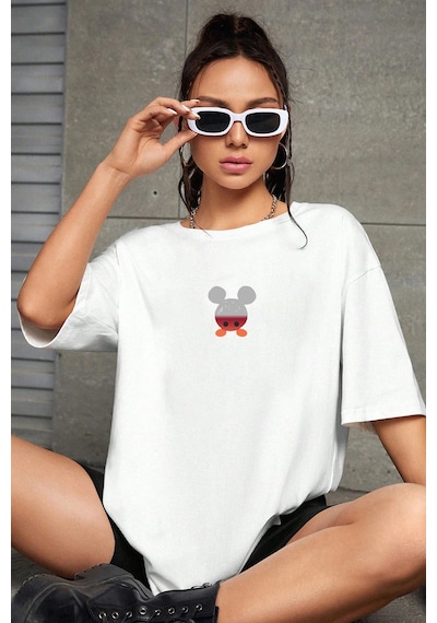 Unisex Mause Baskılı T-shirt Beyaz
