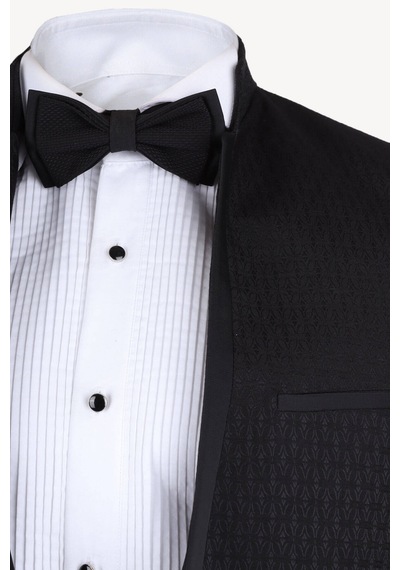 Ysf Erkek Siyah Slim Fit Hakim Yaka Yelekli Desenli Damatlık