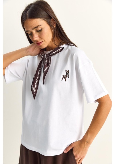 Shade Kadın Ceylan Nakışlı Fularlı Basic Salaş T-shirt 7517 60283977 - Beyaz