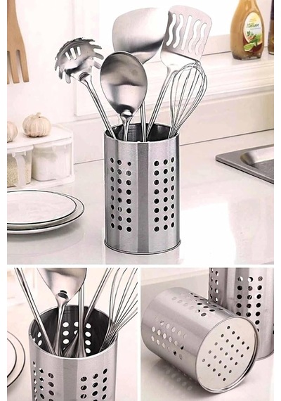 Ün-ev Metal Dik Kaşıklık, Paslanmaz Çelik, Metalik, 11 Cm Çap X 16 Cm Yükseklik