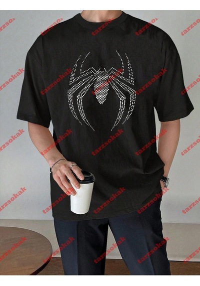 Startmore Unisex Örümcek Baskılı Tshirt Beyaz Siyah