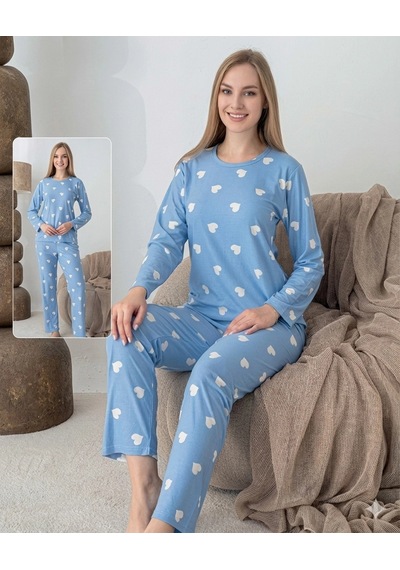 Lindros 0440 Kadın Süet Uzun Kol Pijama Takımı Mavi