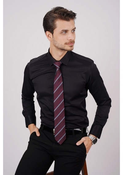 Gömlek Kravat Seti (Bordo Çizgili Kravat & Siyah Saten Slimfit G Siyah