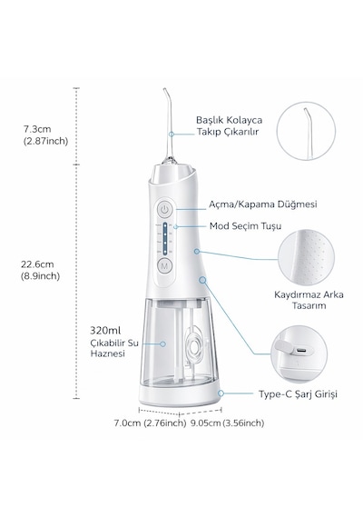 Şarjlı Ağız Duşu 320ml Su Hazneli 4 Modlu Ipx7 Su Geçirmez Type-c Ağız İçi Temizleme Cihazı 5 Başlıklı