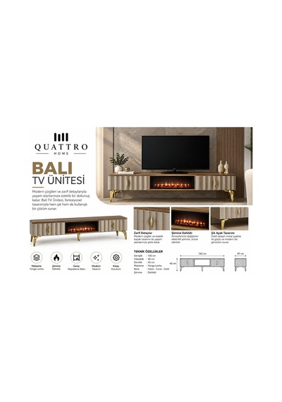 Bali Elektrikli Şömineli Vizon Ceviz Gold Tv Ünitesi 160 Cm