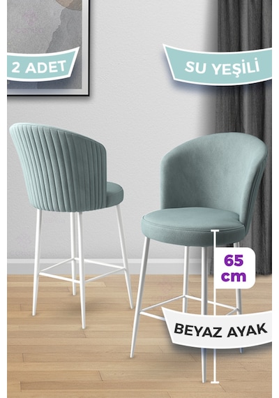 Canisa Alte Serisi 2 Adet Su Yeşili 65 Cm Ada Mutfak Bar Sandalyesi Babyface Kumaş Beyaz Metal Ayak Su Yeşili Sandalye Beyaz Ayak