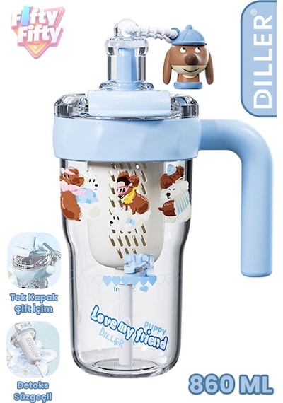 Dıller 860 Ml Pipetli & Rahat İçim Çift Kullanım Tritan Su Matarası Suluk -ffd860ml3renk Mavi