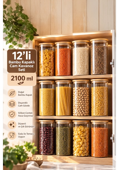 Porsima 4-4 Bambu Vakumlu Kapaklı Yuvarlak Cam 12li Kavanoz Seti Saklama Kabı 2100ml 10x30cm